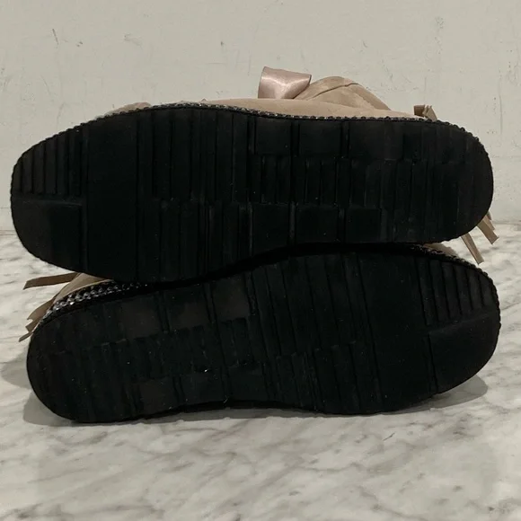 Luxurious Embellished Tan Fur & Suede Platform Boots Silk Laces Women's 8.5 - Picture 15 of 16